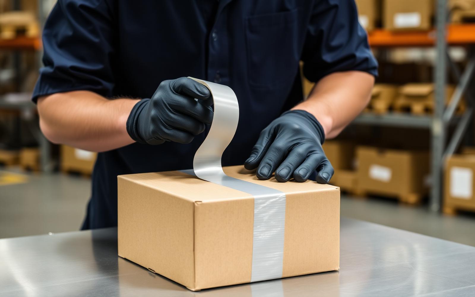 Worker sealing a shipping box on packing line